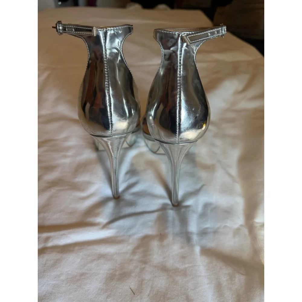 Steve Madden Womens Silver Metallic Platform Stiletto Ankle Strap Heels Size 7M